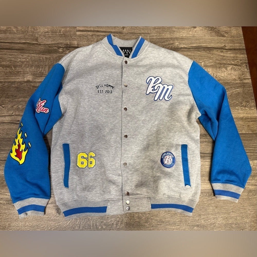 Boohoo MAN 
Gray and Blue Varsity Jacket